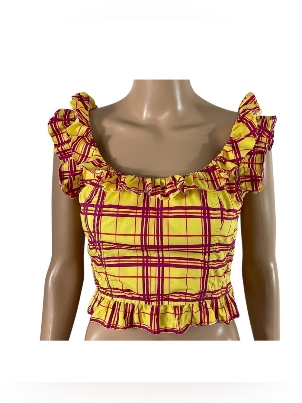 L’ Academie Los Angeles The Laci Crop Top In Yellow Plaid Size Small Side zip